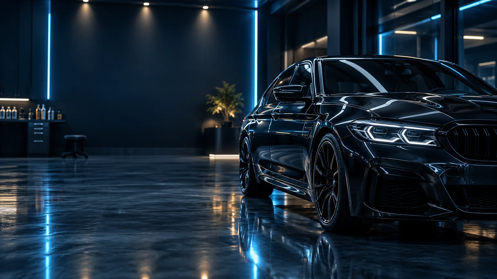 Fotografía premium de un coche negro brillante en un estudio de detailing